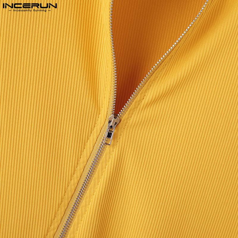 INCERUN Мужские футболки с длинным рукавом и застежкой-молнией в рубчик, повседневные водолазки