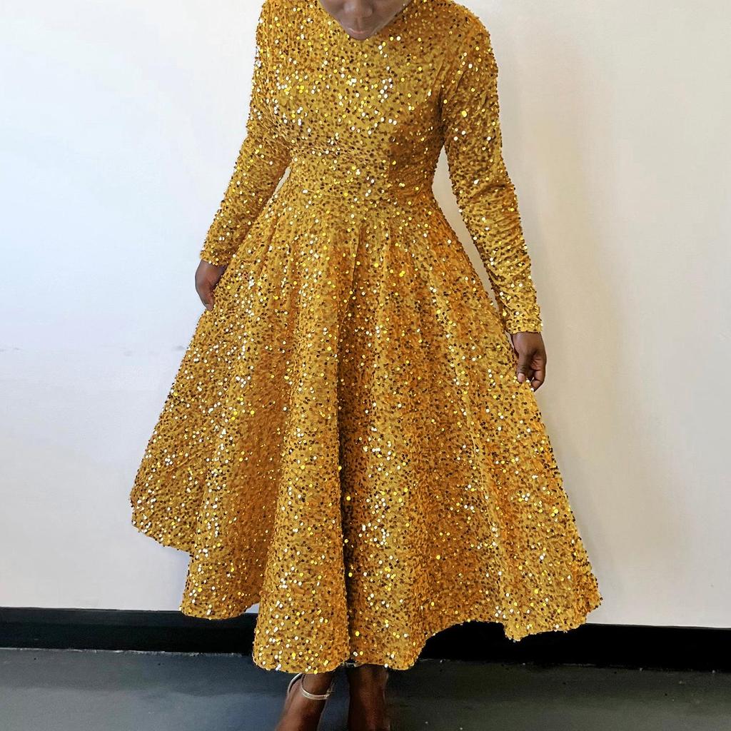 Женское длинное платье с круглым вырезом и высокой талией, с пайетками - европейский и американский стиль