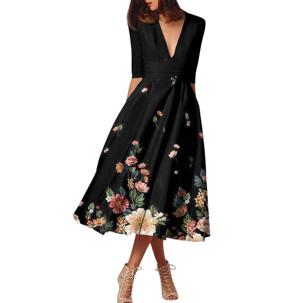 Модное платье средней длины с рукавами средней длины, цветочным принтом и сексуальным V-образным вырезом