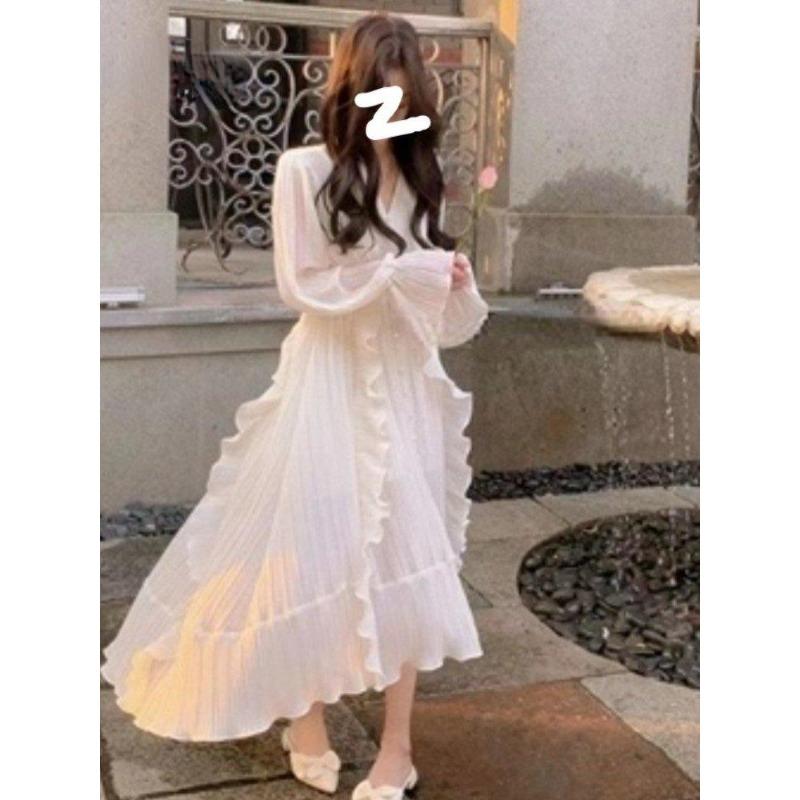 Однотонное французское элегантное платье, женское платье феи миди с длинными рукавами, повседневное летнее тонкое вечернее цельное платье