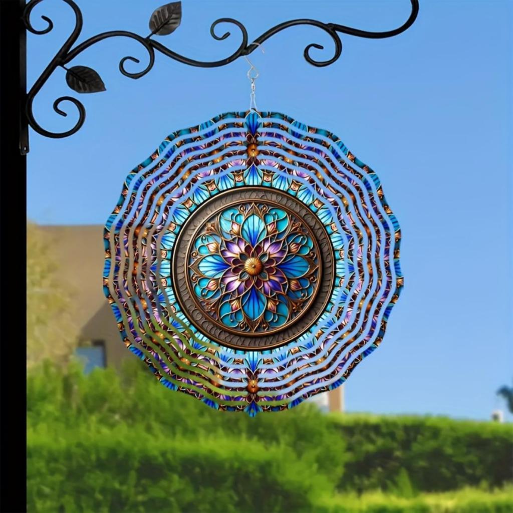10 Inch Stained Glass Wind Spinner 3D Kinetic Metal Hanging Decor for Garden Yard Indoor Outdoor Blue White Windmill Gift for Women Men