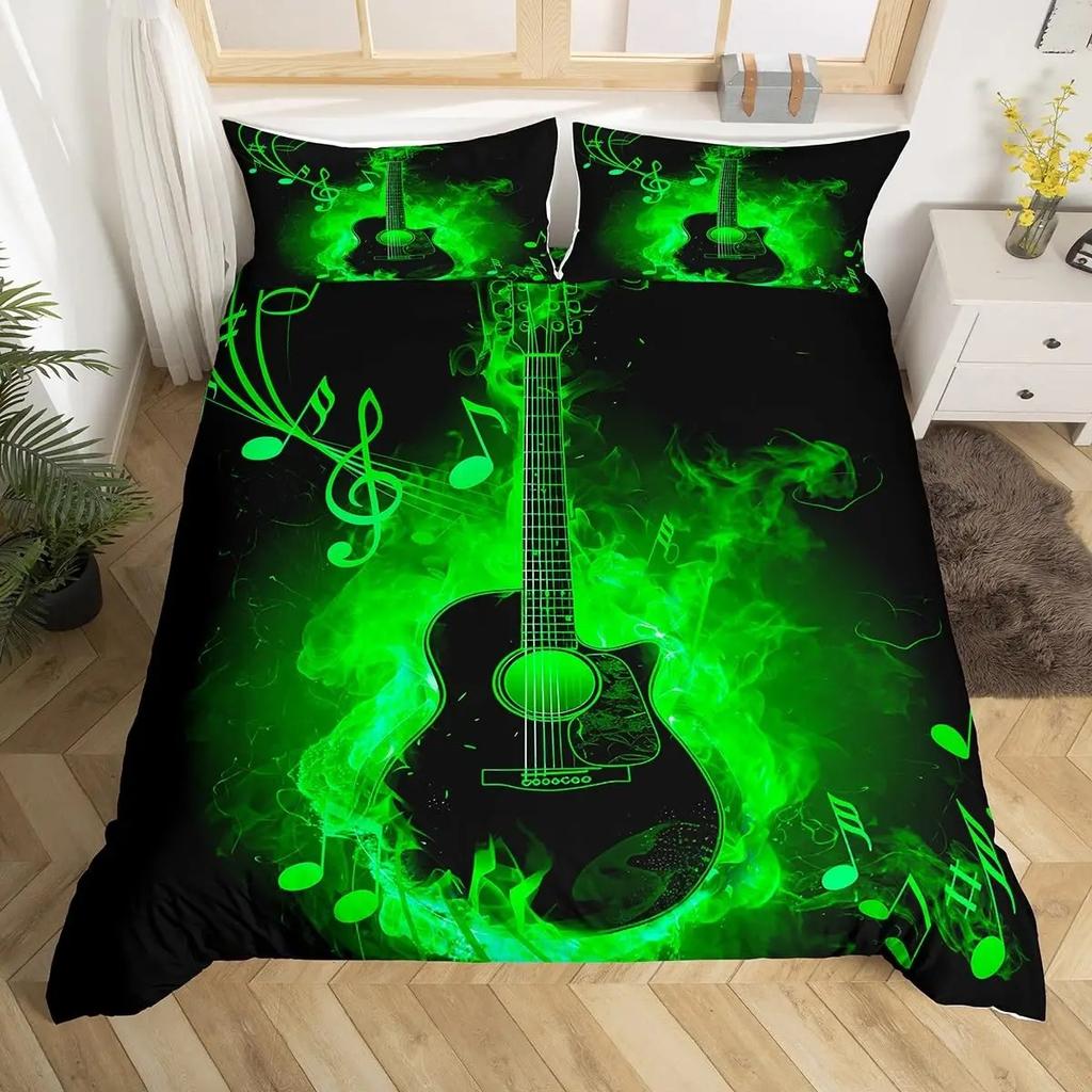 Music Guitar Duvet Cover King Queen Black White and Grey Graffiti Bedding Set Musical Notes Comforter Cover Musical Quilt Cover