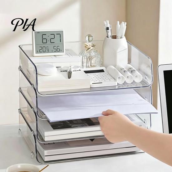 Compact Desk File Tray Large Capacity Organizer for Documents Files Letters A4 Paper Book Notes Mail, Stackable Dormitory Clear Tray, Storage