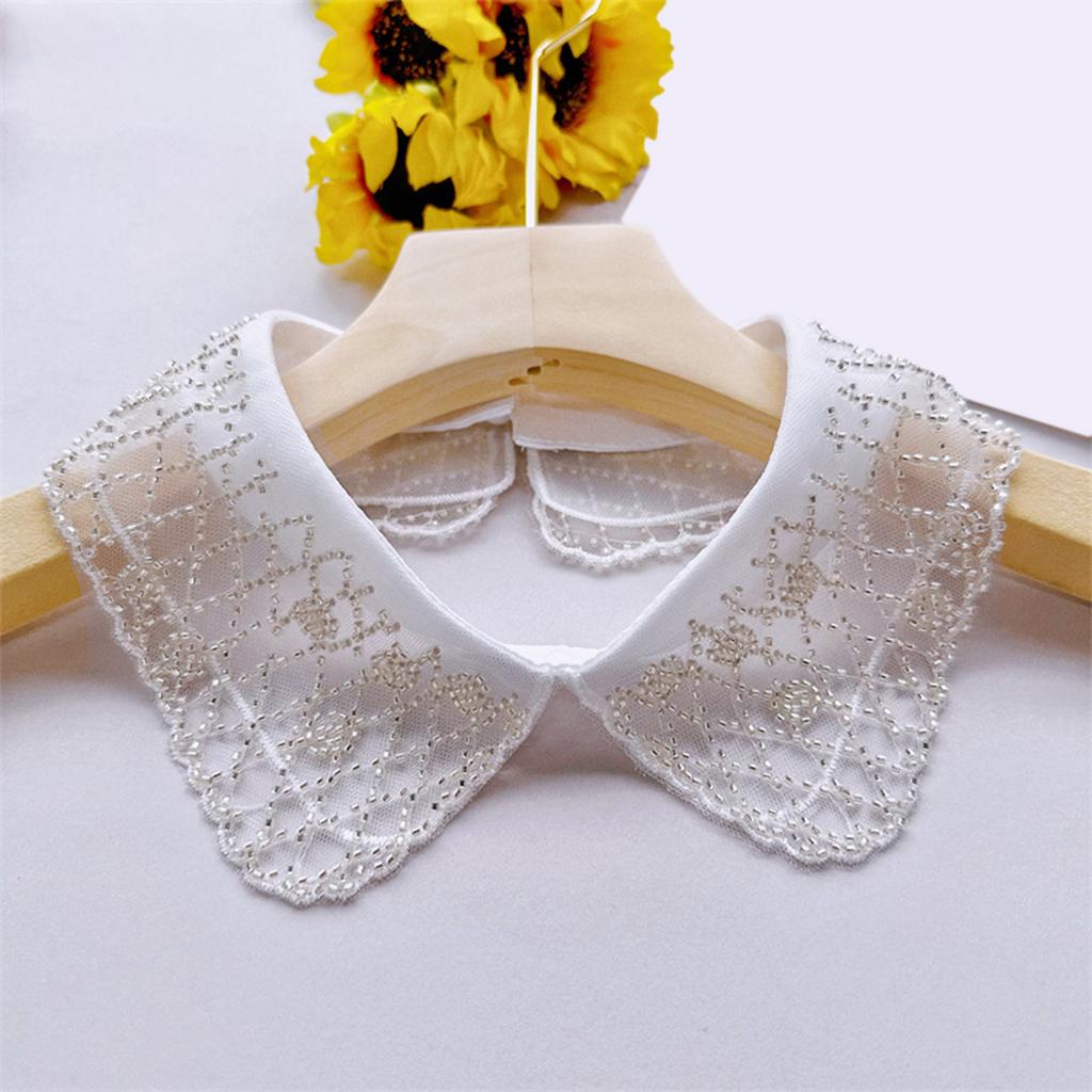 Fashion Organza Faux Collar with Beaded Embroidery Sophisticated Apparels Accent for Ladies Blouse Lapel False Collar