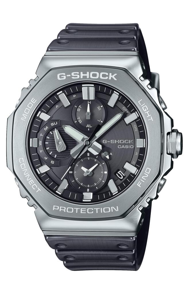 Часы Casio Полностью металлический хронограф с прочным и надежным силиконовым ремешком серебристого цвета G-Shock Мужские GMC-B2100Y-1AJF, Bluetooth, Солнечная батарея, Ремешок,