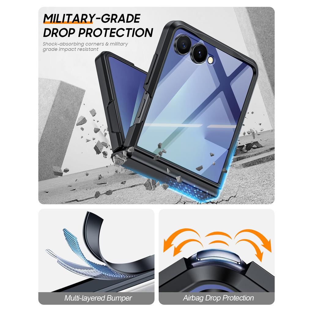 Protective Case with Hinge Protection Tempered Glass Screen Protector Slim PC Cover for Samsung Galaxy Z Flip 7-Black