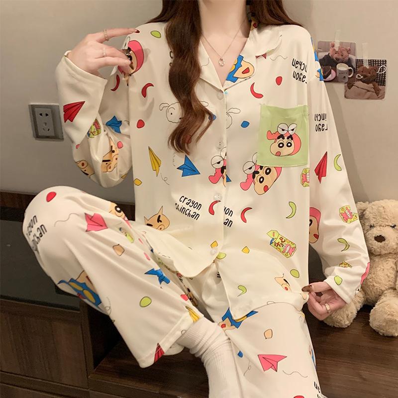 Japanese sweet two-dimensional girl style ins imitation cotton pajamas casual loungewear long sleeves trousers two-piece set