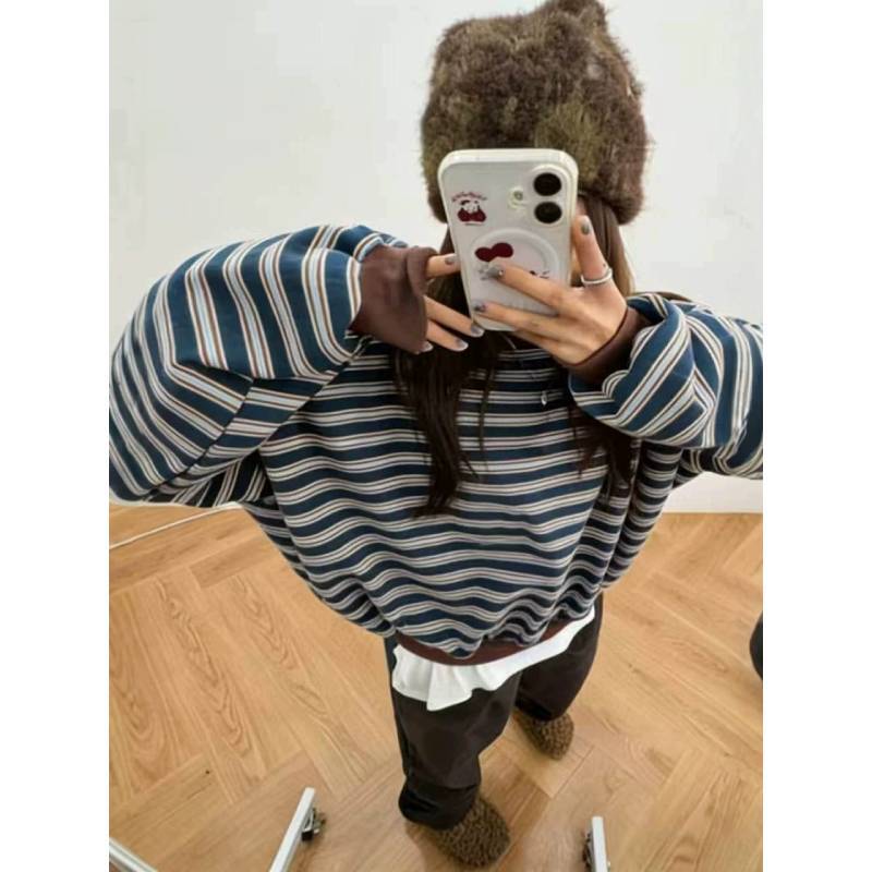 Spring Girls Striped Casual Sweatshirt With Patching For Daily Wear