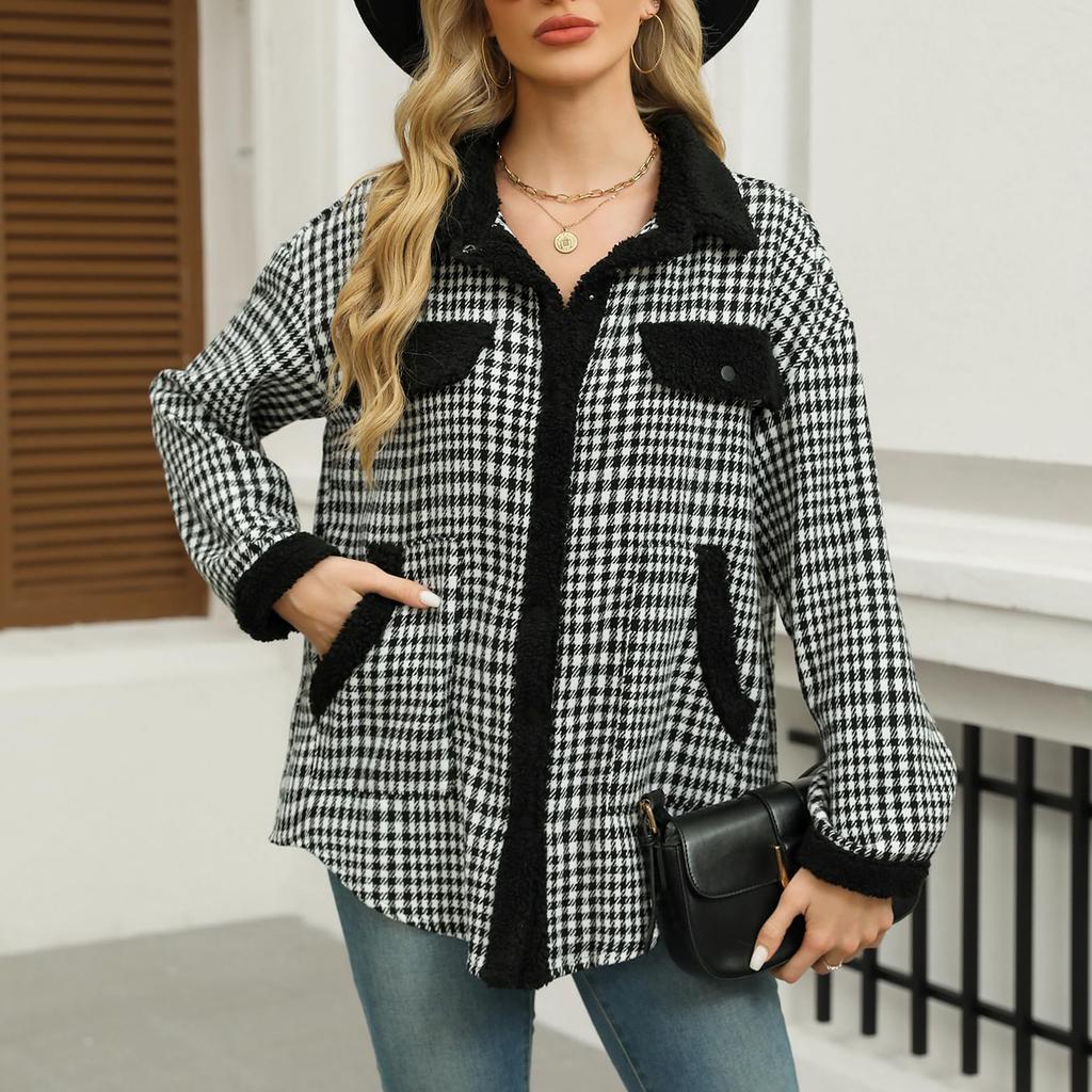 Женская мода свободный цвет клетчатый карман повседневный лацкан плюшевая куртка пальто