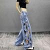 Women's Denim Wide-Leg Pants Side Hollow Out Design, Distressed Details, High-End Aesthetic, Loose Versatile Straight-Leg Trousers