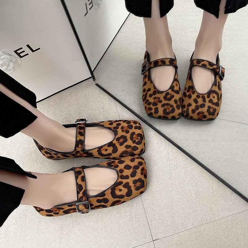 2025 New Horsehair Mary Jane Retro Round Head Ballet Shallow Mouth One-word Buckle Flat Bottom Leopard Print Single Shoes Women's Shoes