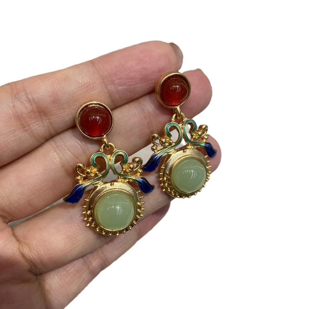 Новые китайские ретро-серьги-ленты из халцедона в стиле суда с эмалью, покрытые агатом, серьги из настоящего золота премиум-класса с легким покрытием