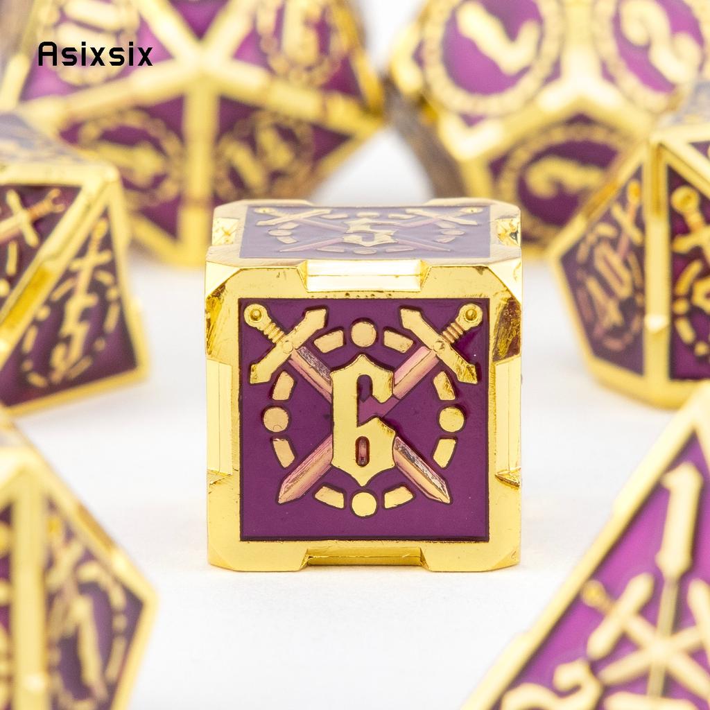 7 Pcs Golden Purple Double Swords Metal Dice Solid Polyhedral Dice Set Suitable for Role-Playing RPG DND Pathfinder Board Game