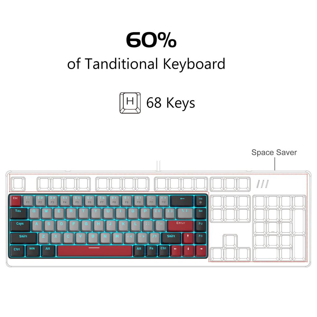 MageGee портативная механическая игровая клавиатура с синей светодиодной подсветкой, компактная 68-клавишная проводная мини-клавиатура для офиса с коричневыми переключателями для ноутбуков Windows, ПК, Mac