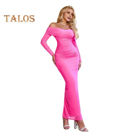 Женское вечернее платье с открытыми плечами, длинными рукавами, сетчатое, пэчворк, плиссированное, с крестом, бандо, облегающее, для выпускного, свадьбы, вечеринки, коктейльного макси-платья