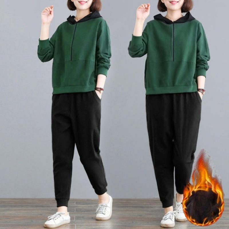 Бархатный Утепленный Повседневный Спортивный Костюм Женский Осенне-Зимний Свободный Худи Свободного Кроя Большого Размера Комплект из Двух Предметов