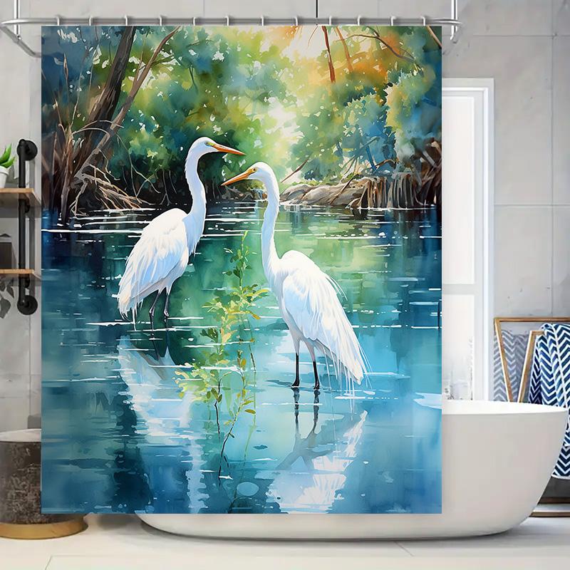 Watercolor Birds Bathroom Shower Curtain White Pelicans Swamp Print Home Decor Waterproof Fabric Shower Panel Suitable for Batht
