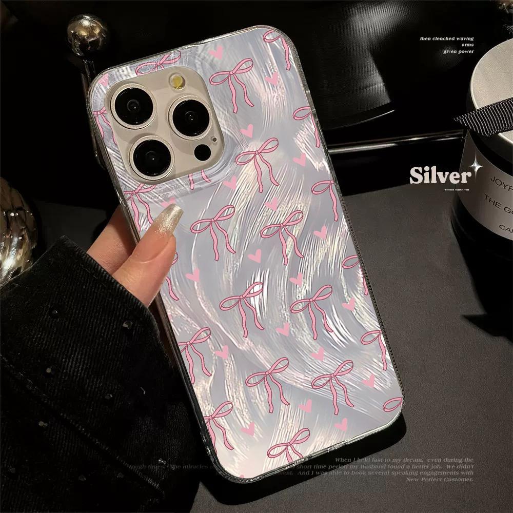 Чехол для телефона в девичьем стиле с бантом и надписью Love для iPhone 17 Pro 15 16 14 13 12 11 Pro Max 17e 16e 8 7 Plus XR XS X Серебристый Мягкий Ударопрочный Чехол