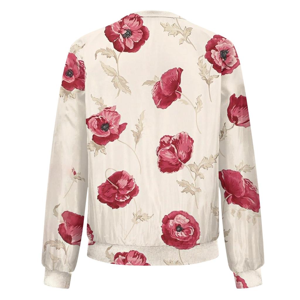 Women's Fashionable Casual Long Sleeve Floral/Leaf Print Round Neck Zipper Jacket