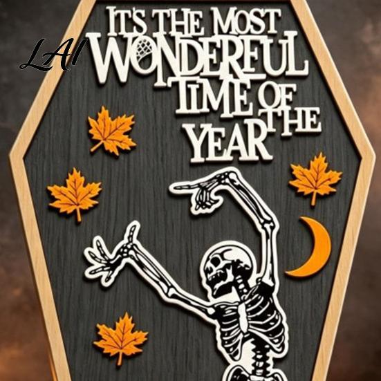 Unique Halloween Presents Table Sign Spooky Message Board Wooden Tabletop Centerpiece with Skeleton Ornaments And Maple Leaves for Haunted