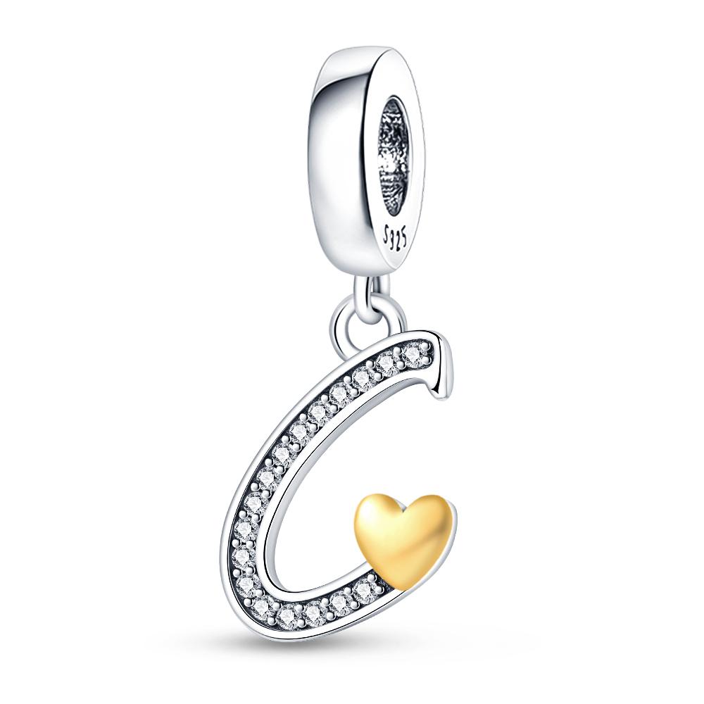Fit 3mm 925 Bracelets 925 Silver Color 26 Gold Heart Zircon Letter Charms Beads DIY Creative Birthday Jewelry Gifts