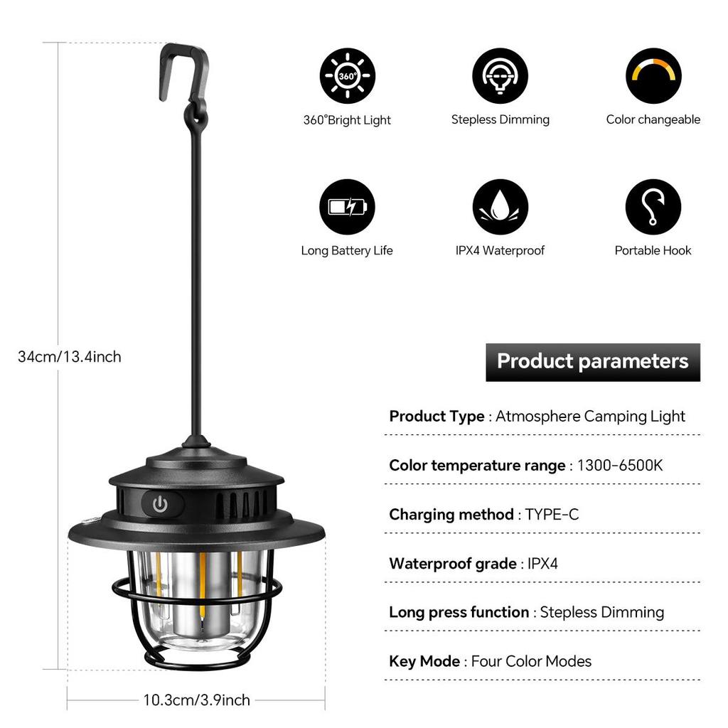 Уличный портативный кемпинговый фонарь Водонепроницаемый IPX4 USB LED Перезаряжаемый Подвесной фонарь для палатки для походов на открытом воздухе Ночная лампа
