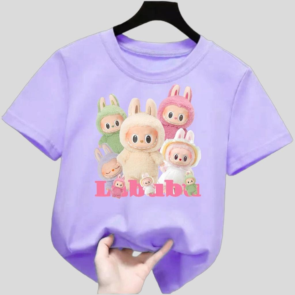 Новая детская футболка Labubu с множеством узоров LABUBU, круглым вырезом, короткими рукавами, повседневная, универсальный топ для девочек
