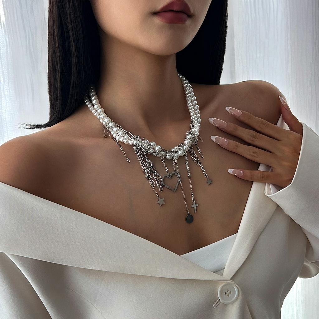 Multi Layered Elegant Imitation Pearl Beaded Necklace Fashion Tassel Chain Heart Pendant Clavicle Necklaces Jewelry Collar Girls Party