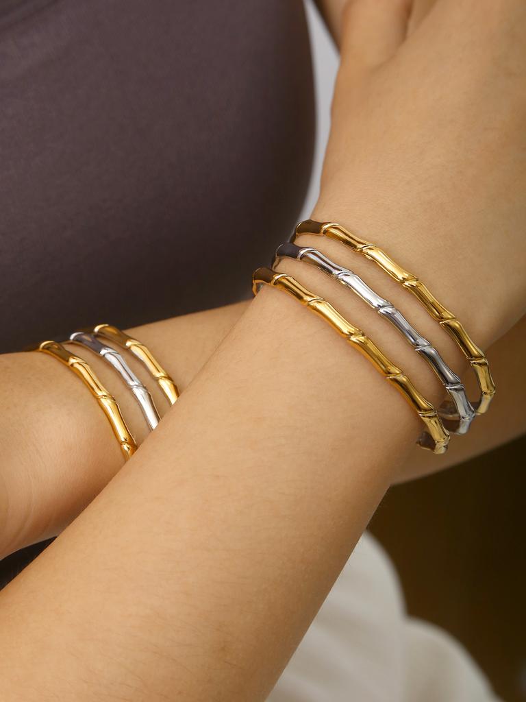 Fashion Simple Personality Charm Cold Style Stainless Steel 18K Gold Plated Geometric Pattern Bamboo Bracelet Women'S Zircon