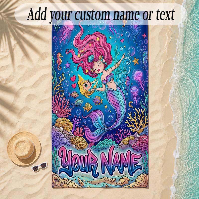 Mermaid Theme Soft Beach Towel Personalized Custom Name Text Towel Portable for Beach Pool Travel
