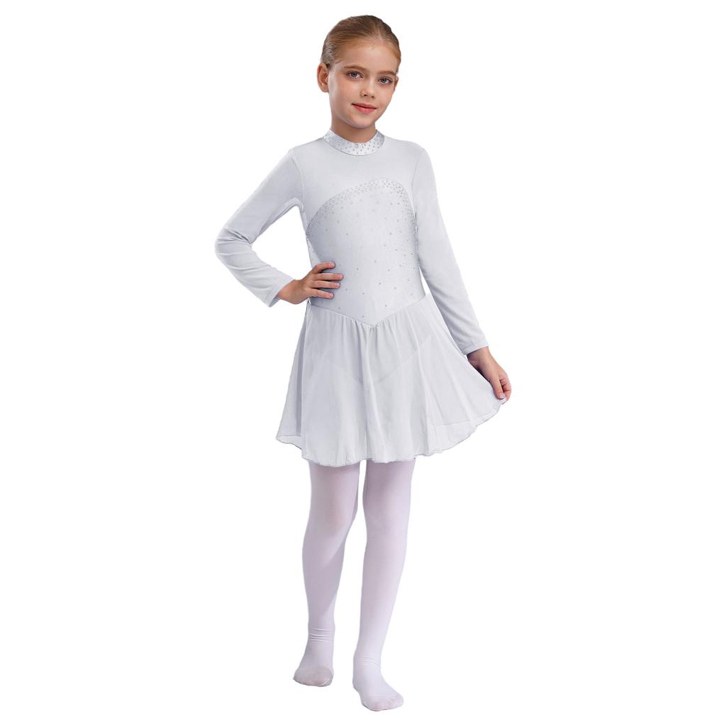 Shiny Rhinestones Dance Leotard for Girls Sheer Mesh Long Sleeves with Keyhole Back Figure Skating Ballet Dress