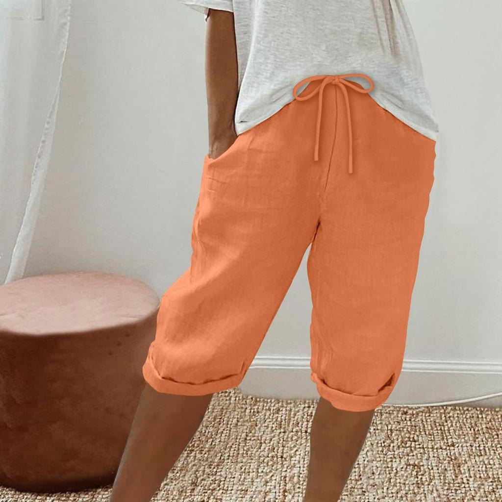 Женские льняные шорты, повседневные шорты с высокой талией, шорты на шнурке с карманами