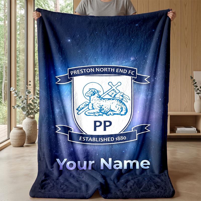 Preston North End Custom Name Text Flannel Blanket Soccer Logo Personalized Fleece Throw Blanket Special Gift For Sofa Bedroom Home