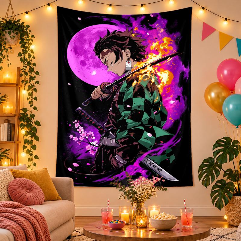 Polyester Wall Tapestry with Demon Slayer Design, Decorative Hanging for Bedroom Living Room Dorm