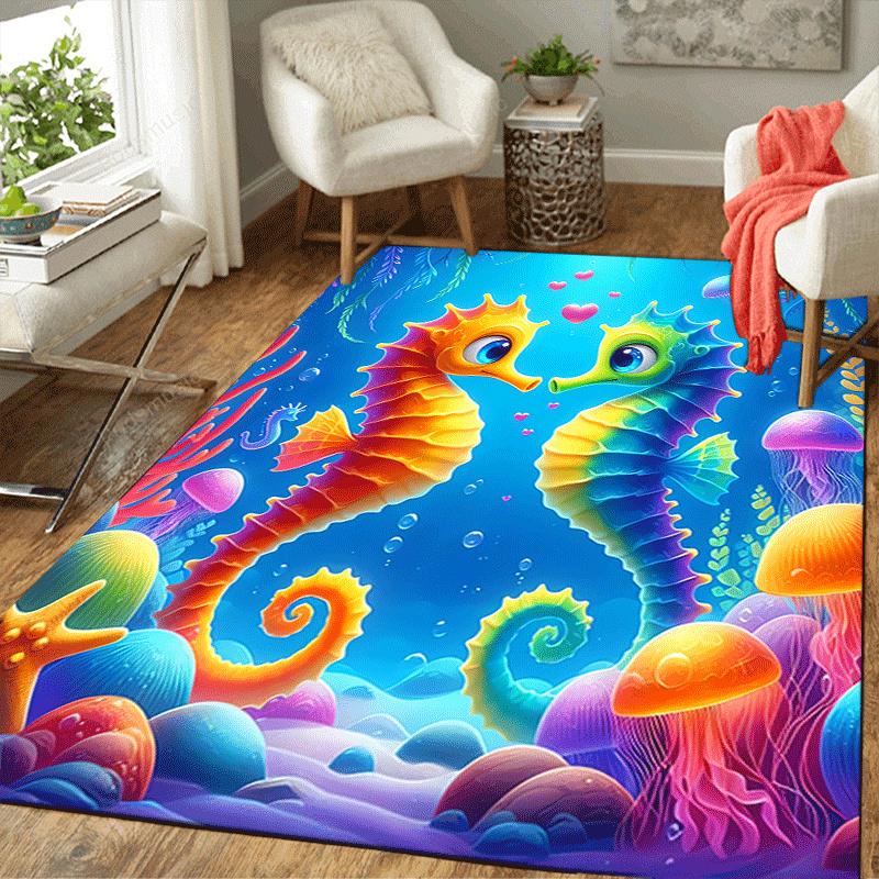 1pc Seahorse Lovers Design Indoor Area Rug - Soft, Anti-Slip, and Durable Gaming Room Decor for Bedroom