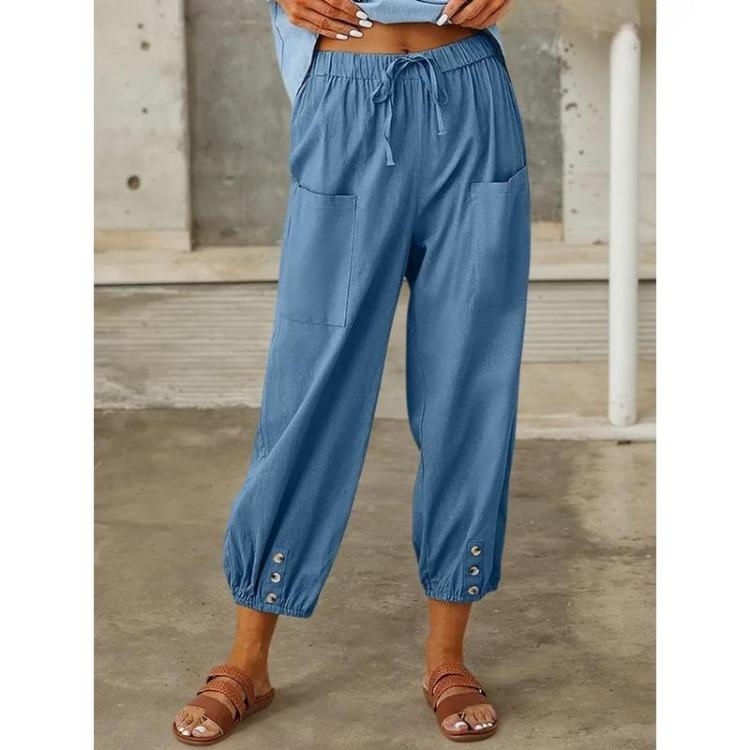 Осень Женские Хлопково-Льняные Эластичная Талия Высокая Посадка Широкие Штанины Свободные Прямые Брюки Однотонные Женские Брюки