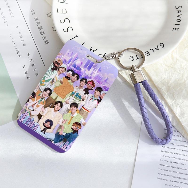 BTS Sliding Photocard Holder, Protective ID Badge Card Case with Braided Keychain Strap, Student Campus Bus Meal Card Protector Merch for ARMY