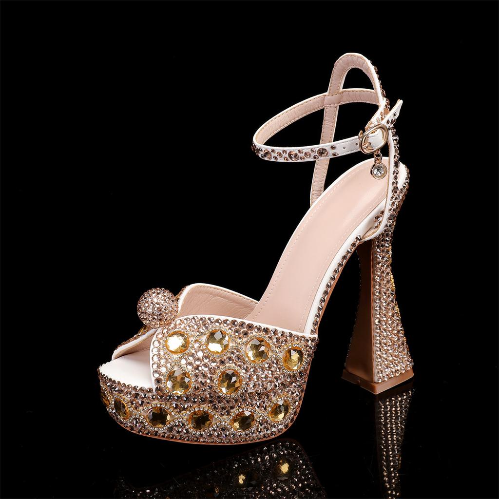 New Fish Mouth High Heels Thick Heels 14cm Water Diamond Pearl Decoration Women's Single Shoes Wedding Bridal Shoes Women Shoes