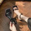 Versatile New Square Head One-word Buckle High Heels Women's Stiletto Black Beautiful Sexy Open-toed Sandals