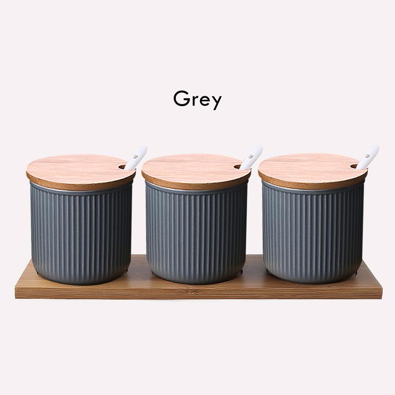 Керамическая банка для хранения приправ, соли, сахара, специй, перца с бамбуковой крышкой, поддон для 3 баночек для приправ с ложками