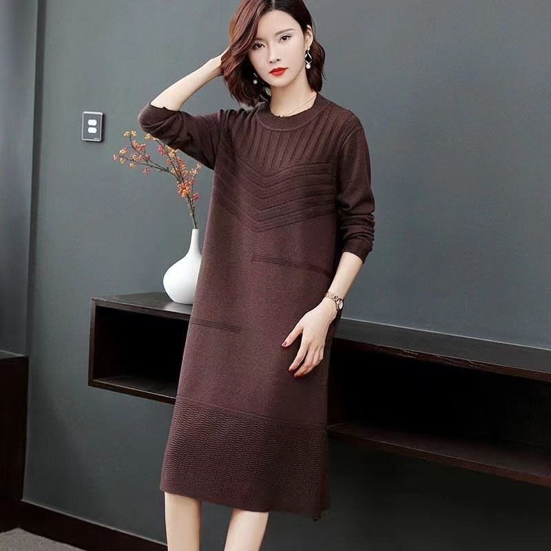 Вязаное платье-свитер до колен для женщин, осенне-зимнее, стильный пуловер средней длины и однотонное вязаное платье-пуловер с длинным рукавом