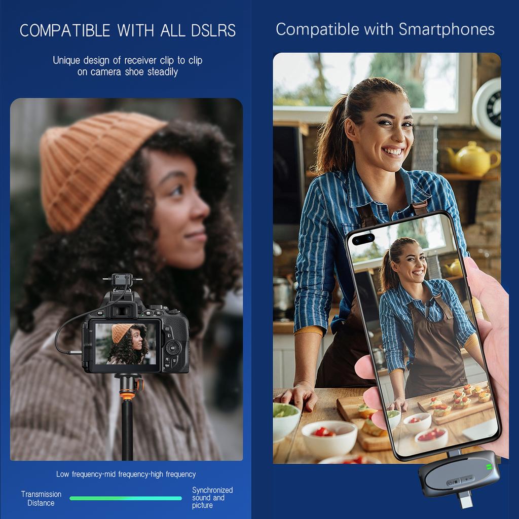 One-Trigger-Two 2.4G Wireless Microphone System Clip-on Microphone for Phone Omnidirectional Mini