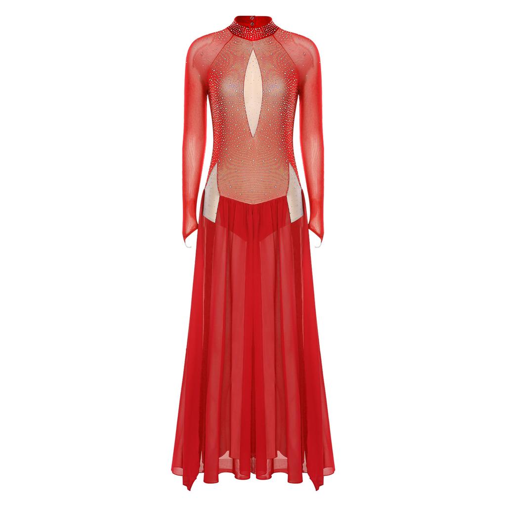 Женское блестящее платье для лирического танца со стразами, с длинным рукавом, открытой спиной, шифоновой юбкой с разрезом, цельный купальник-платье