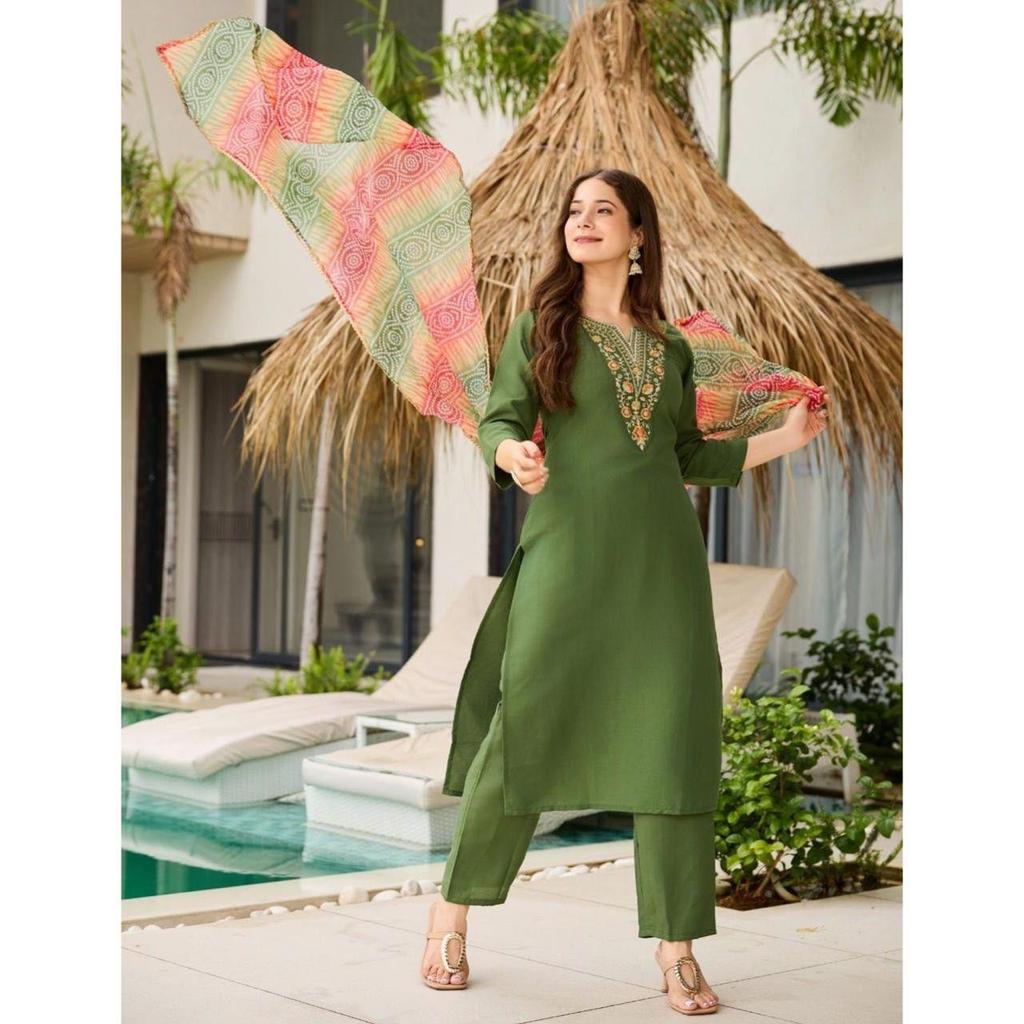 Women's Rayon Embroidered Straight Kurta with Pant And Dupatta Sets