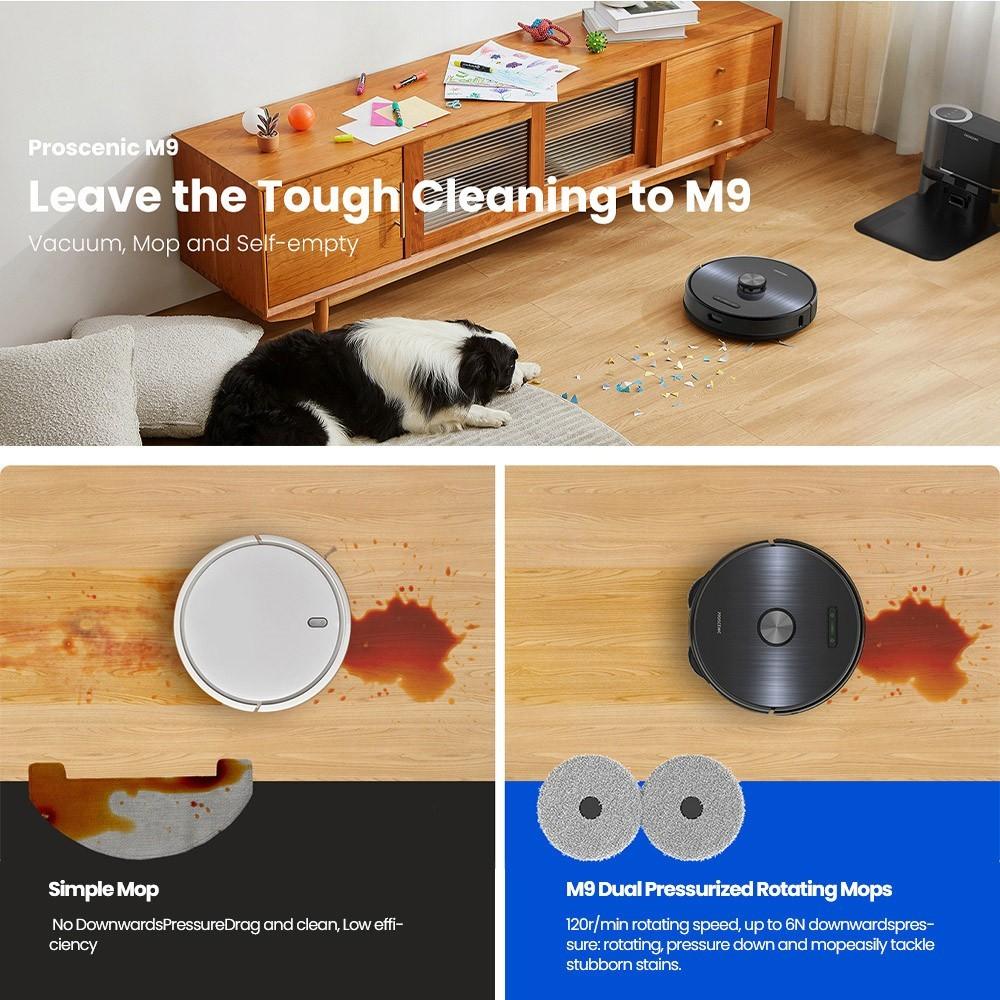 Восстановленный робот-пылесос Proscenic M9, мощность всасывания 4500 Па, мешок для пыли 2,5 л, швабры двойного вращения, обнаружение ковров, аккумулятор 5200 мАч