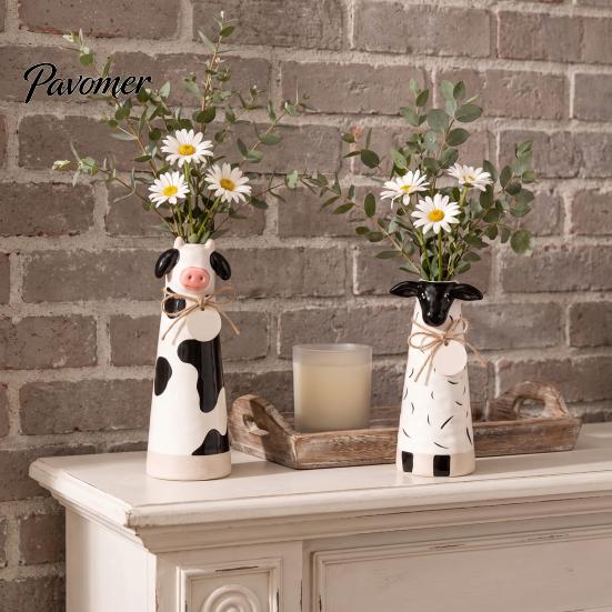 Cute Resin Flower Holder Animal Vase, Farmhouse Decorative for Home Unique Housewarming Gift Office Decor, Pig/Cow/Sheep/Chicken Arrangement Tabletop