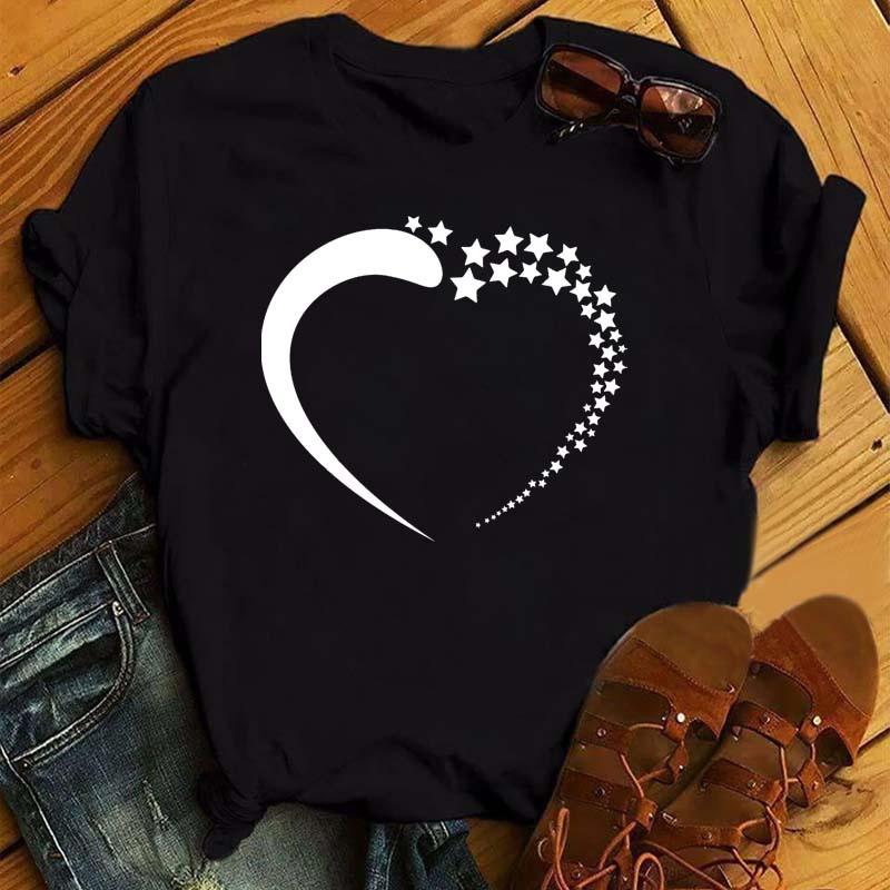 Maycaur Woman Star Moon Print Harajuku Летние футболки Повседневная футболка с круглым вырезом и коротким рукавом Женская черная футболка Прямая поставка