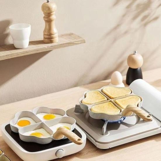 Omelette Pan 4-Cup Non-Stick Egg Frying Mold Heart-Shaped Mini Cooker Pan with Wooden Handle
