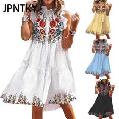 JPNTKY Женское платье с цветочным принтом, свободное, уличный стиль, до колена, без рукавов, с оборками, для вечеринки, S-3XL