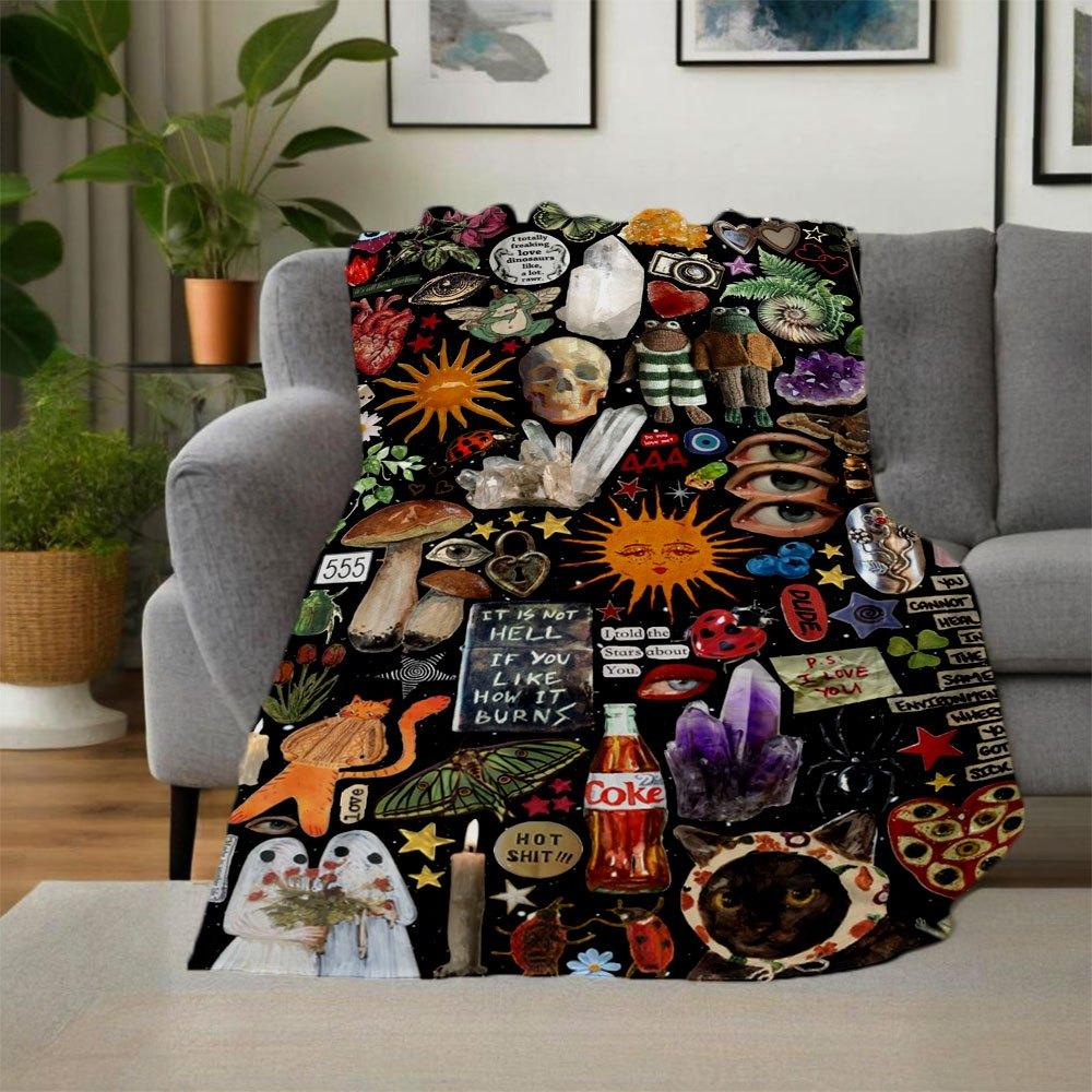 "Bohemian Vibes: Eclectic Collage Art Print"Blanket Flannel Throw Blanket for Sofa, Bed, Travel, Camping, Office